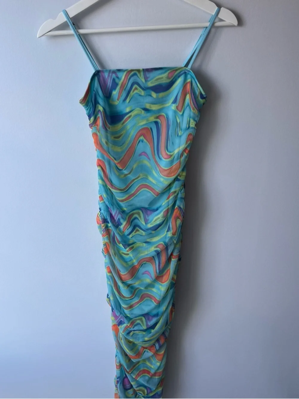 Aqua Multicolor Swirl Midi Dress Y2K Ruched - Picture 4 of 7